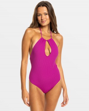 Women Roxy® Aruba Halter Neck One Piece Swimsuits Fuchsia | YDCH-35047