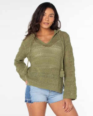 Women Roxy® Hippie Love Open Knit Hooded Sweaters Green | NGIM-70496