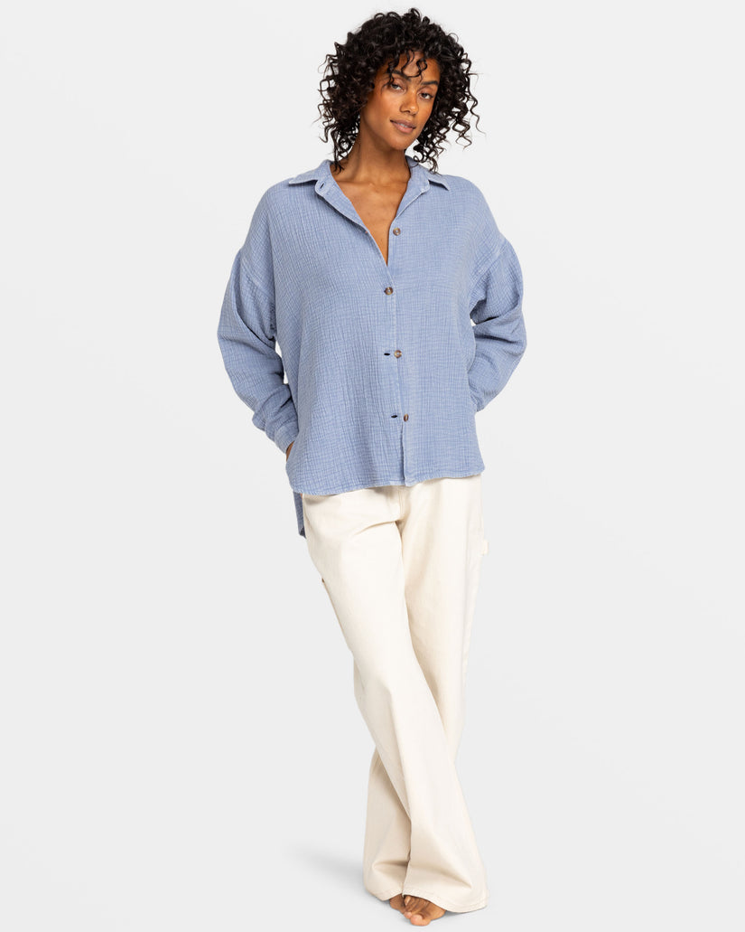 Women Roxy® Morning Time Long Sleeve Shirts Blue | WAIB-79082