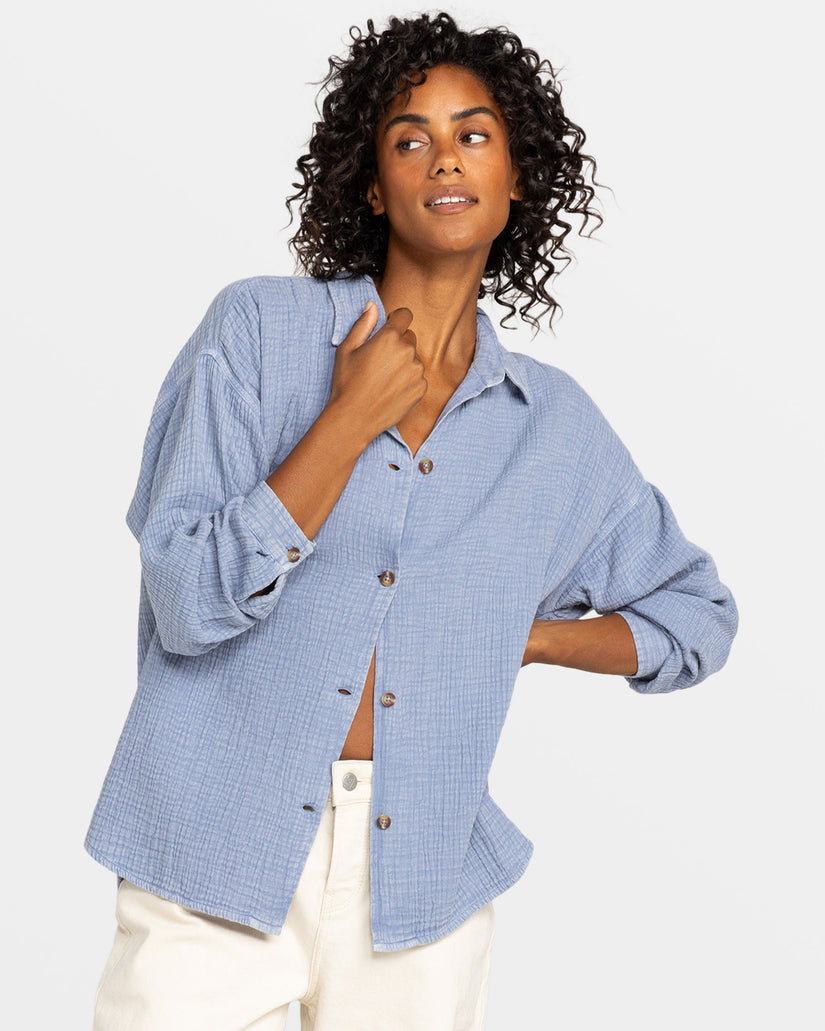 Women Roxy® Morning Time Long Sleeve Shirts Blue | WAIB-79082