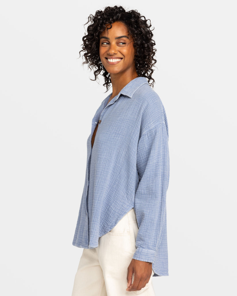 Women Roxy® Morning Time Long Sleeve Shirts Blue | WAIB-79082