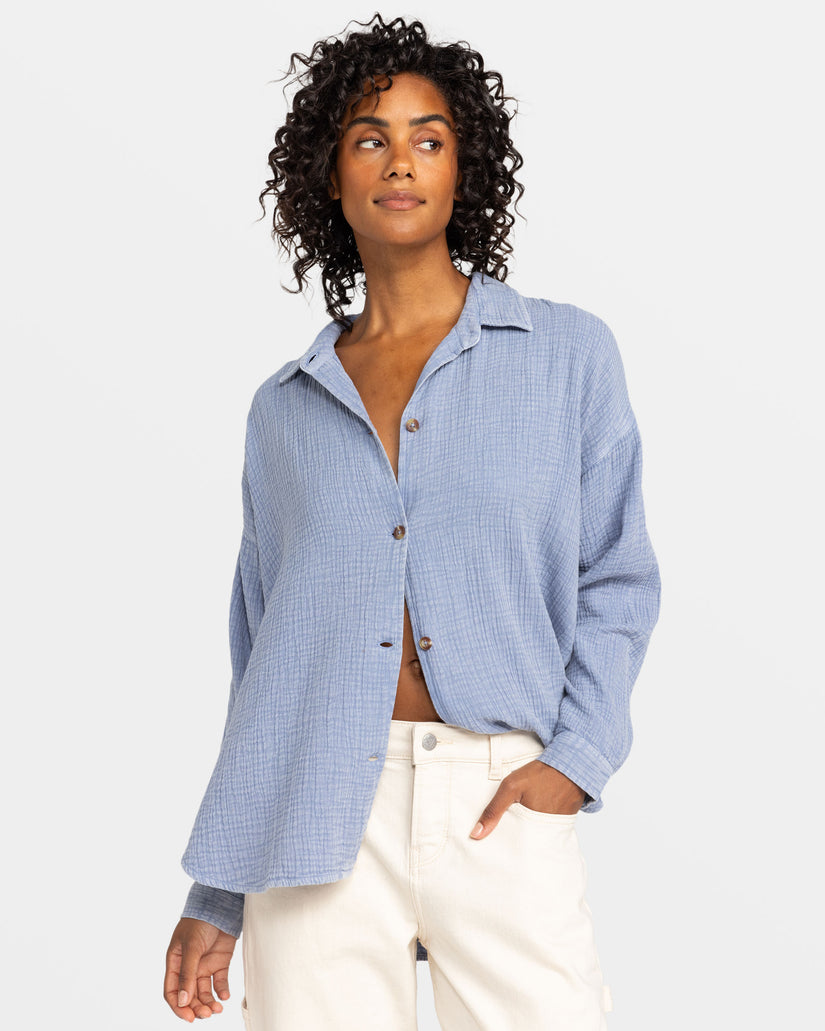 Women Roxy® Morning Time Long Sleeve Shirts Blue | WAIB-79082