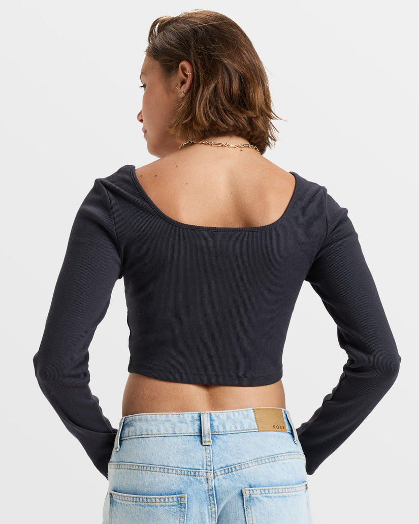 Women Roxy® Pretty Please Long Sleeve Cropped Tops Black | OZIN-16507