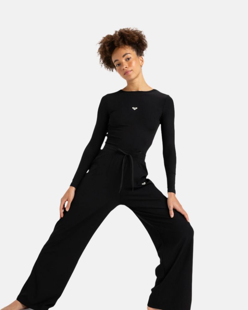 Women Roxy® Rise & Vibe Rib Wide Leg Pants Black | UWJT-78356