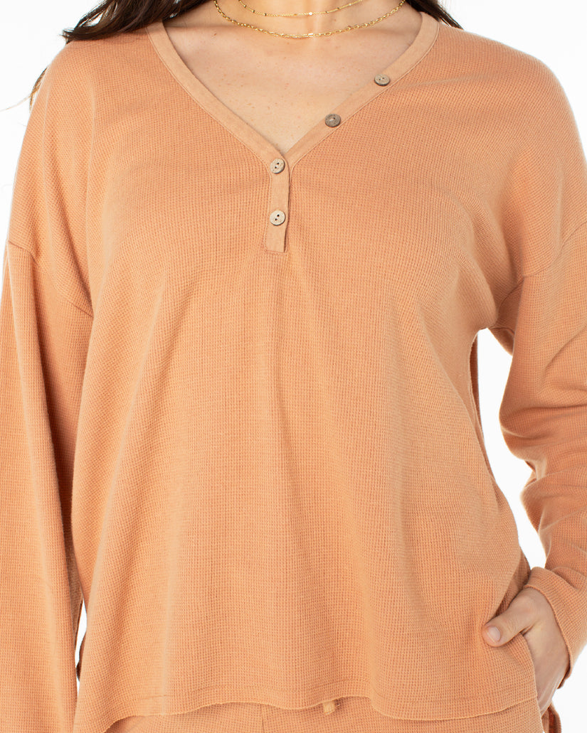 Women Roxy® Weekend Story Henley Tops Brown | KXNI-29864